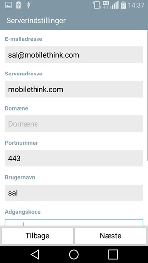 Indtast Exchange serveradresse og Brugernavn. Vælg Næste