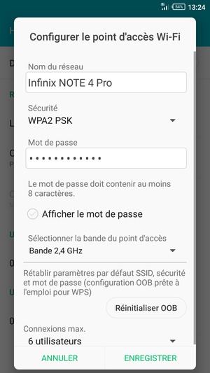 Saisissez un mot de passe de hotspot Wi-Fi d'au moins 8 caractères et sélectionnez ENREGISTRER