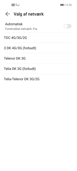 Vælg en netværksudbyder fra listen