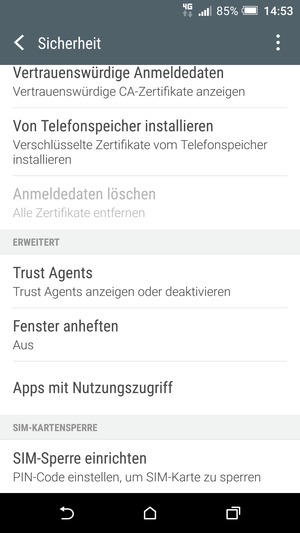 Um die PIN für die SIM-Karte zu wechseln, gehen Sie zum Sicherheit Menü zurück und scrollen Sie und wählen Sie SIM-Sperre einrichten