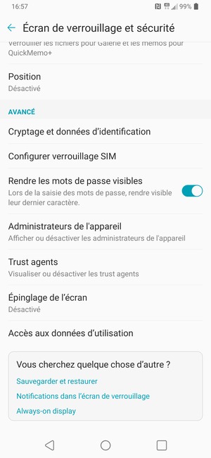 Pour modifier le code PIN de la carte SIM, faites défiler et sélectionnez Configurer verrouillage SIM