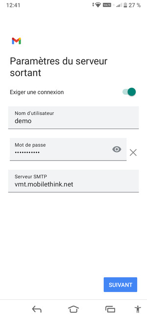 Saisissez l'adresse du serveur sortant