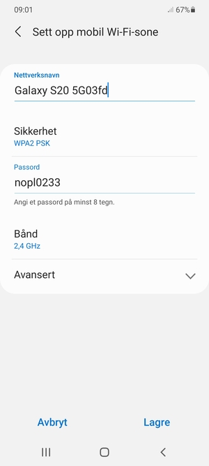 Skriv inn et passord på minst 8 tegn og velg Lagre