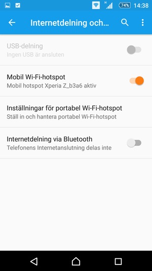 Din telefon har nu ställts in för att kunna användas som ett modem