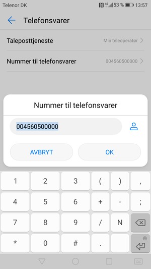 Skriv inn Nummer til telefonsvarer og velg OK