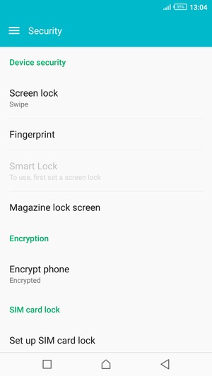 To activate your screen lock, go to the Security menu and select Screen lock