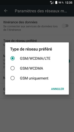 Sélectionnez GSM uniquement pour activer la 2G