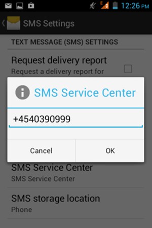 Enter the SMS Service Center number and select OK