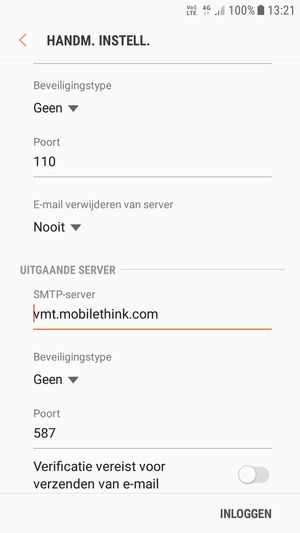 Schakel Verificatie vereist voor verzenden van e-mail uit en selecteer INLOGGEN