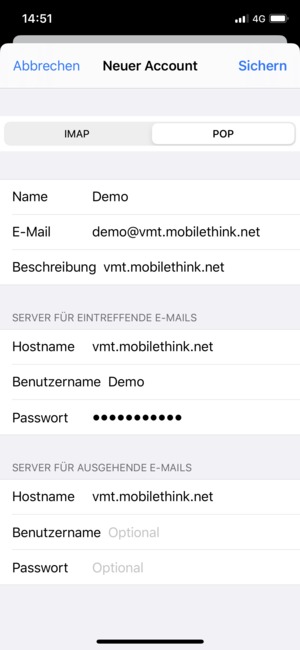 Geben Sie E-Mail-Informationen für SERVER FÜR AUSGEHENDE E-MAILS ein und wählen Sie Sichern