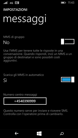 Scorri e seleziona Numero centro messaggi