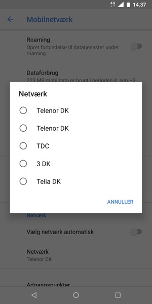 Vælg en netværksudbyder fra listen