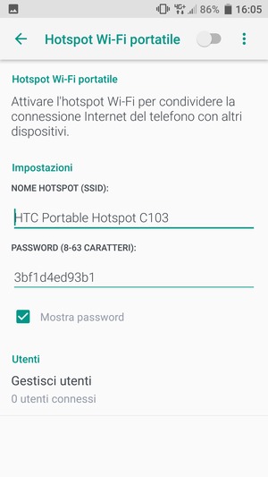 Inserisci una password di almeno 8 caratteri e abilita Hotspot Wi-Fi portatile