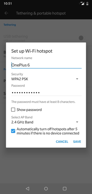 Enter a Wi-Fi hotspot password of at least 8 characters and select SAVE