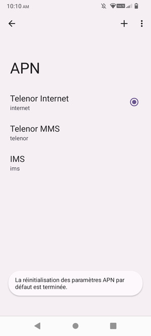 Votre téléphone va être réinitialisé avec les paramètres Internet et MMS par défaut