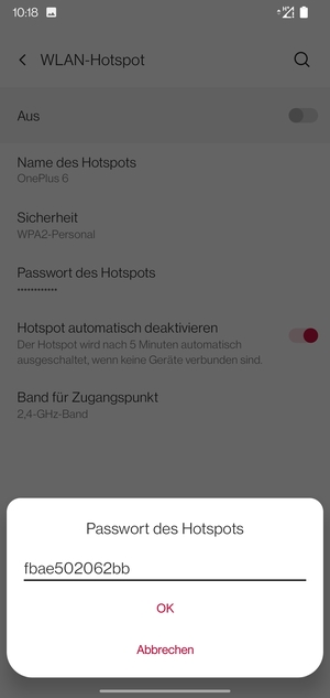 Geben Sie eine WLAN-Hotspot-Passwort mit mindestens 8 Zeichen ein und wählen Sie OK