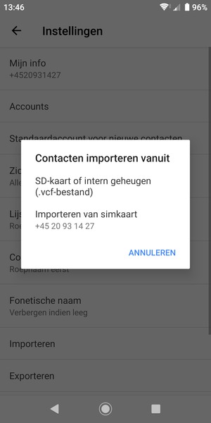 Selecteer Importeren van simkaart