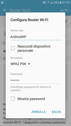 Inserisci una password di almeno 8 caratteri e seleziona SALVA