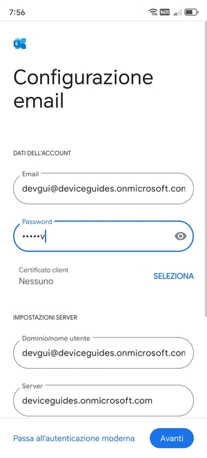 Inserisci Nome utente e l'indirizzo del server Exchange. Seleziona Avanti