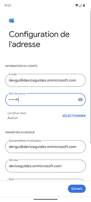 Saisissez votre Nom d'utilisateur et l'adresse du serveur Exchange. Sélectionnez Suivant