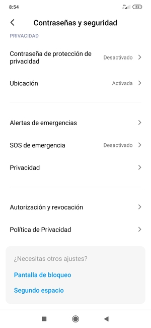 Desplácese y seleccione Privacidad