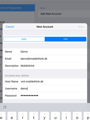 Select POP or IMAP and enter email information for INCOMING MAIL SERVER