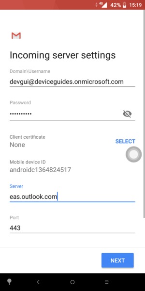 Enter Username and Exchange server address. Select NEXT