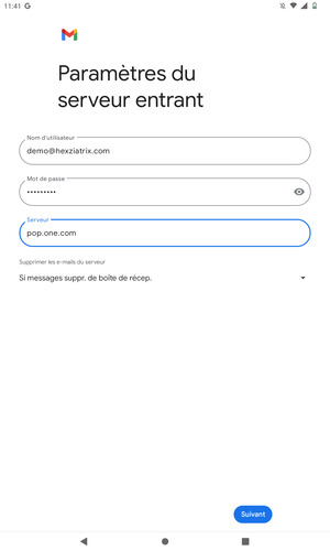 Saisissez votre Nom d'utilisateur et l'adresse du serveur entrant. Sélectionnez Suivant