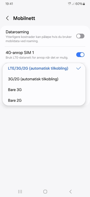 Velg ønsket alternativ