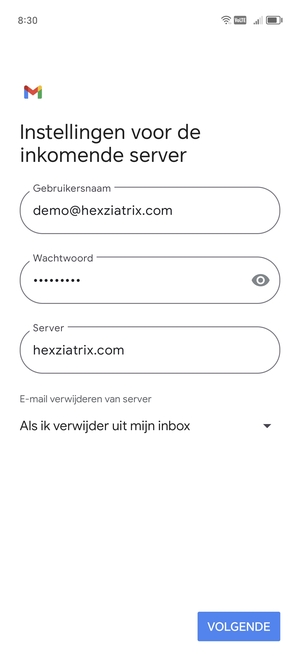 Voer Gebruikersnaam en binnenkomend serveradres in. Selecteer VOLGENDE