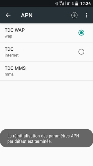 Votre téléphone va être réinitialisé avec les paramètres Internet et MMS par défaut