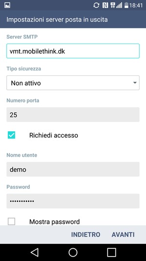 Inserisci l'indirizzo del server di posta in uscita