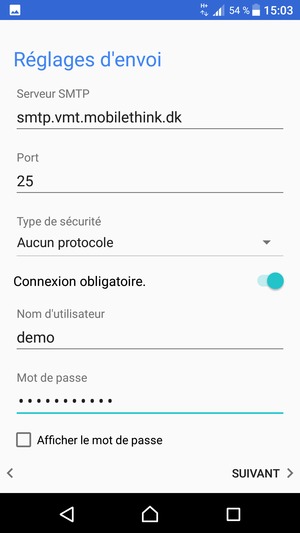 Saisissez l'adresse du serveur sortant