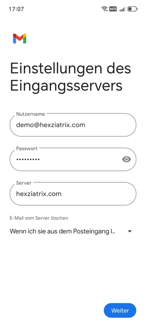 Geben Sie Benutzername und die Server-Adresse für eingehende Post ein. Wählen Sie Weiter