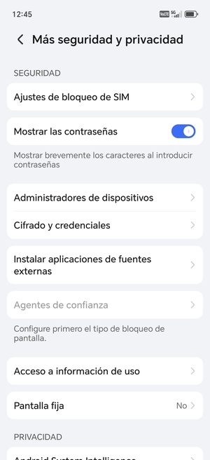 Seleccione Ajustes de  bloqueo de SIM