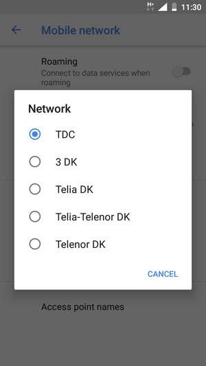 Select a network operator from the list