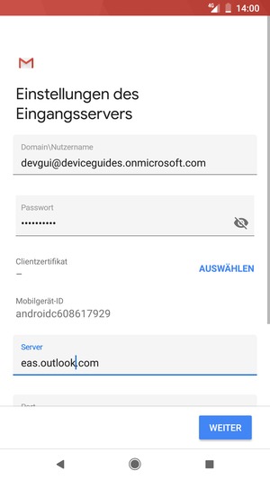 Geben Sie Benutzername und Exchange Server-Adresse ein. Wählen Sie WEITER