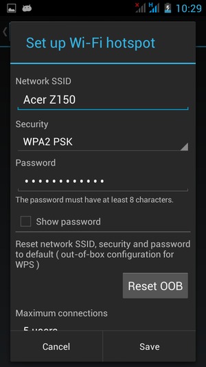 Enter a Wi-Fi hotspot password of at least 8 characters and select Save