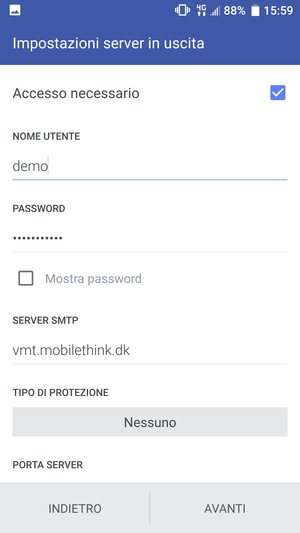 Inserisci l'indirizzo del server di posta in uscita