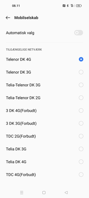 Vælg en netværksudbyder fra listen