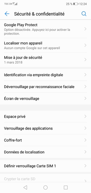 Sélectionnez Verrouillage de la carte SIM / Définir verrouillage Carte SIM
