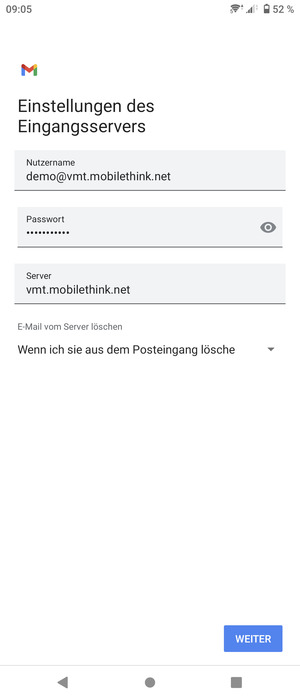 Geben Sie Benutzername und die Server-Adresse für eingehende Post ein. Wählen Sie WEITER