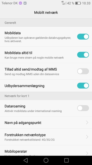 Scroll til Netværk for kort 1 eller Netværk for kort 2 og vælg Foretrukken netværkstype
