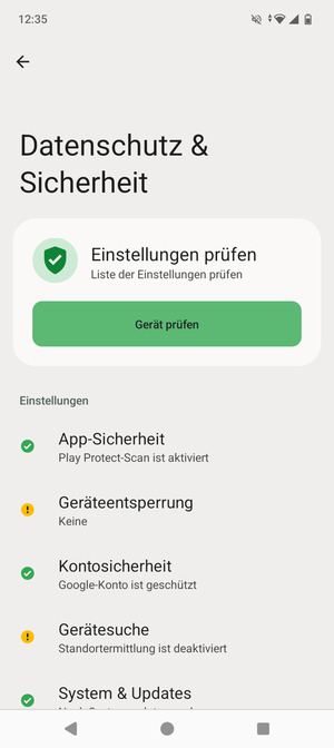 Um Ihre Bildschirmsperre zu aktivieren, gehen Sie zum Datenschutz & Sicherheit Menü und wählen Sie  Geräteentsperrung