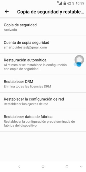 Vuelva al menú Copia de seguridad y restablecer y seleccione Cuenta de copia seguridad