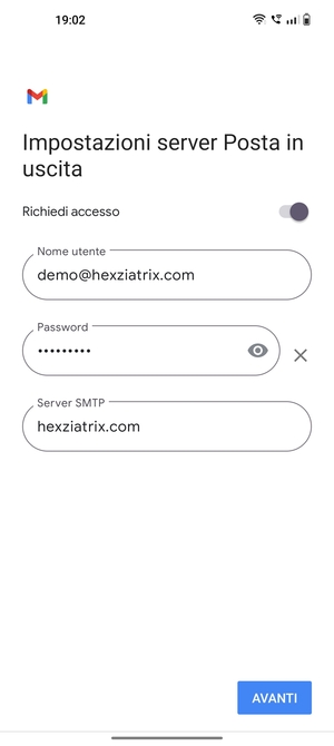 Inserisci l'indirizzo del server di posta in uscita e seleziona AVANTI