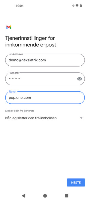 Skriv inn Brukernavn og innkommende serveradresse. Velg NESTE
