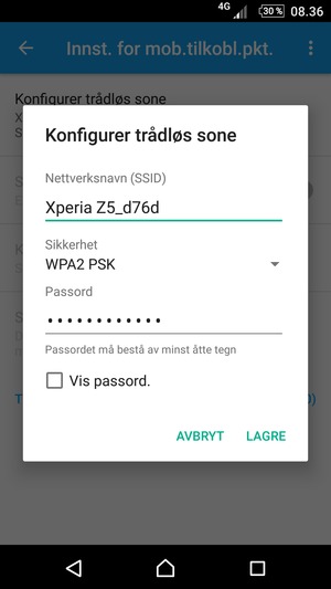 Skriv inn et Wi-Fi hotspot-passord på minst 8 tegn og velg LAGRE