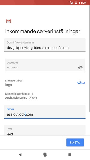 Ange Användarnamn och Exchange serveradress. Välj NÄSTA