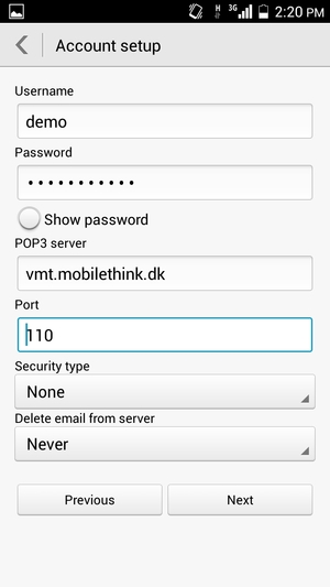Enter Username and Incoming server address. Select Next